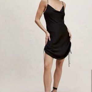 Free People Black Silk Slip Dress with Ruching and Adjustable Length, XS